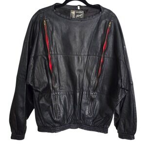Vintage Black Red Leather Pullover Sweatshirt Jacket Made in Italy Large XL